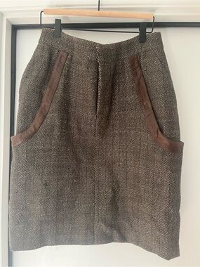 Marni Cashmere-blend Brown Tweed Pencil Skirt with Leather Detailing
